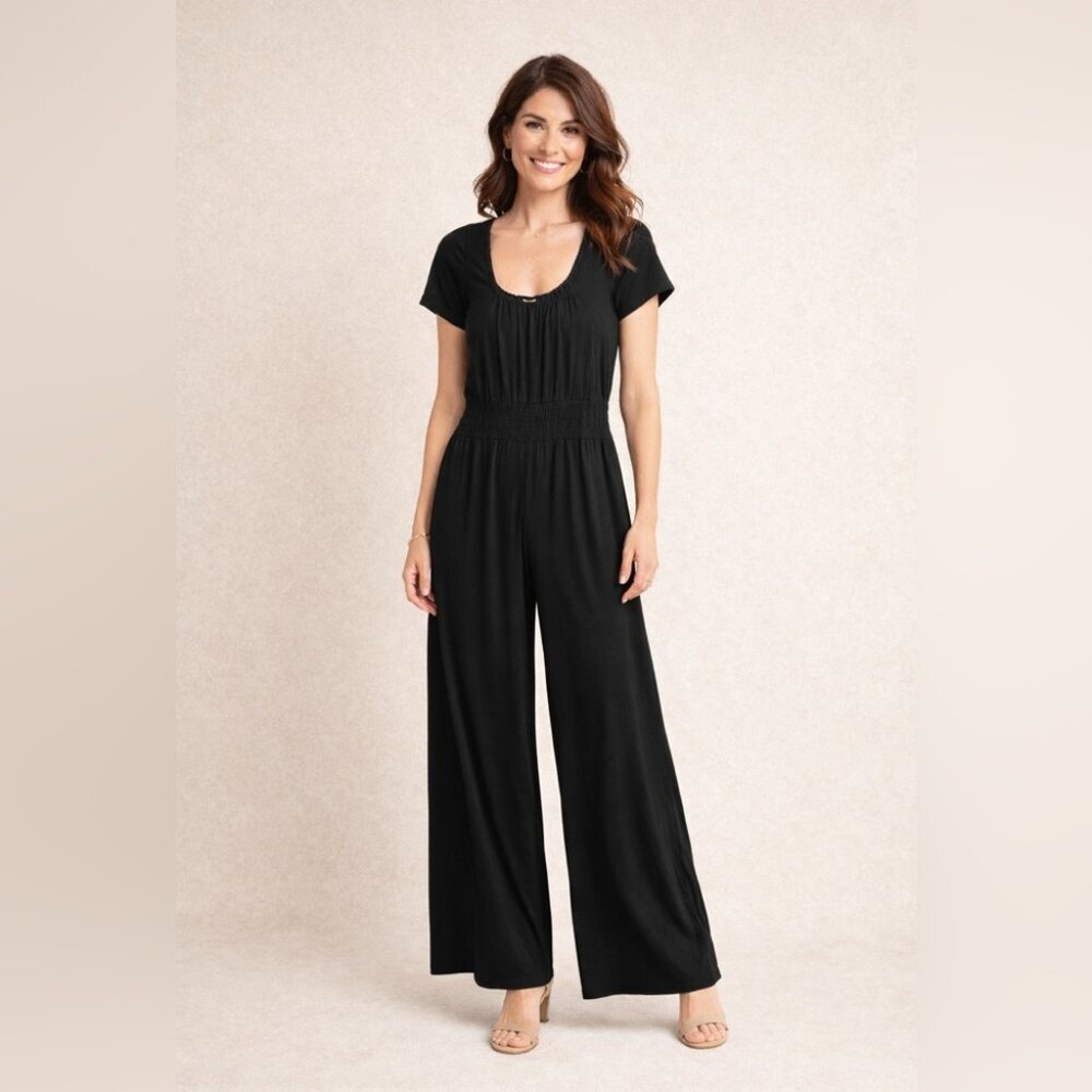 Smash + Tess Black Bamboo Rayon Wide Leg Jumpsuit Size S Knit Comfy Stretchy